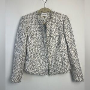 Calvin Klein Boucle Tweed Metallic Open Front Long Sleeve Lady Jacket Blazer 2